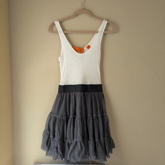 White and Gray Fit and Flare Mini Dress with Scoop Neck - Picture 1 of 12